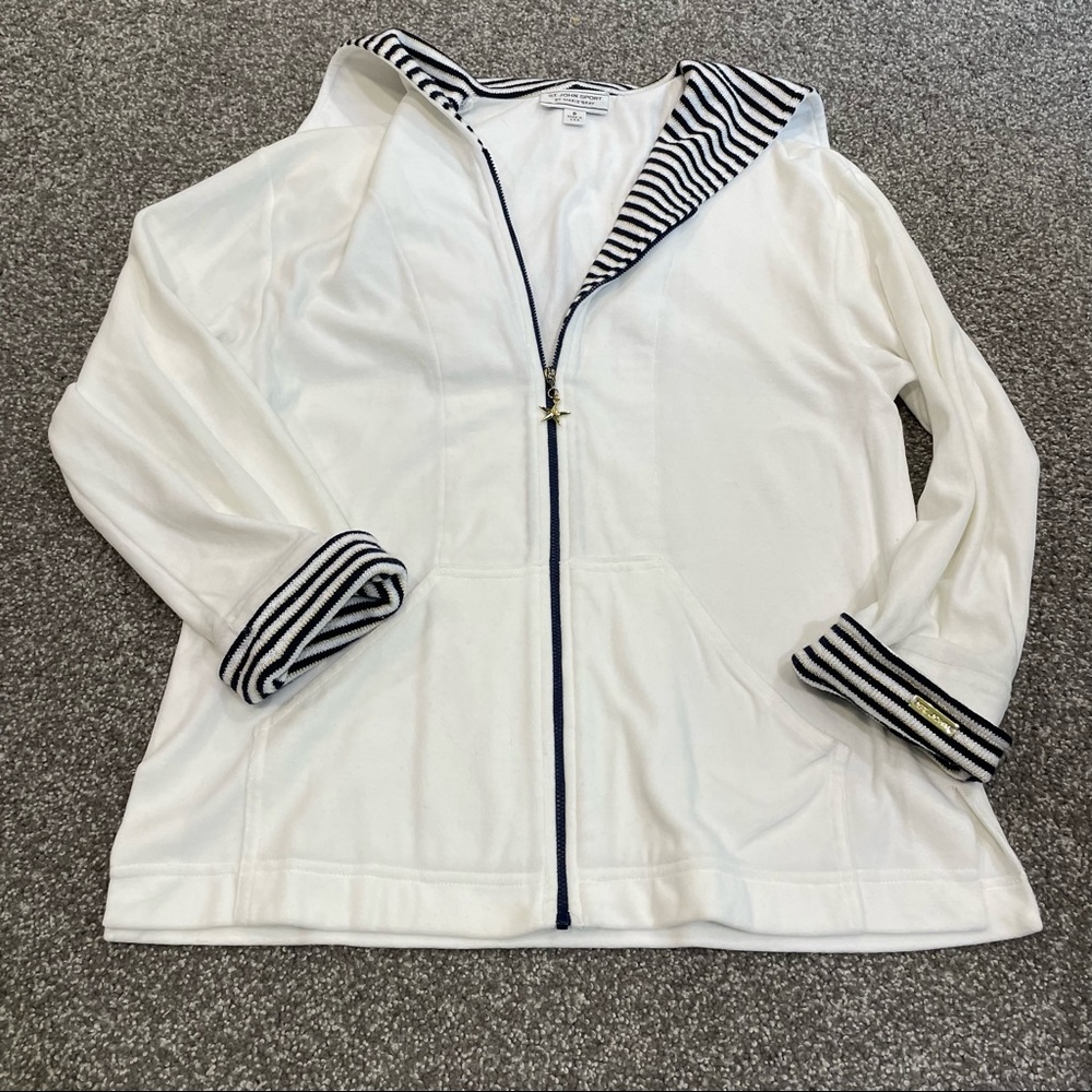 St. John Sport by Marie Gray White & Blue Nautical Zip Up Size P Small
